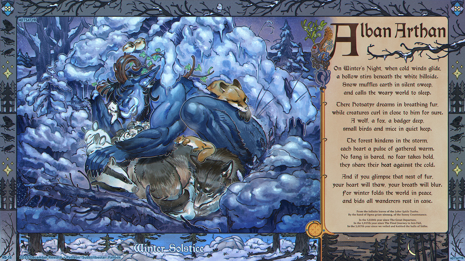 abs alban_arthan anthro athletic athletic_anthro athletic_male beard biceps biped body_hair branch branch_horn butt celtic celtic_runes chest_fur chest_hair claws cold demonic description drop ear_piercing ear_ring ears_down ears_up facial_hair fantasy fantasy_world feral finger_claws forest forest_background framed_picture frozen fur grass grass_field group group_nudity hair hairy hibernation holidays horn humanoid_pointy_ears ice landscape landscape_background landscape_painting leaf leaves_in_hair leaves_on_body leaves_on_ground light lying magic magic_circle male male/male muscular muscular_anthro muscular_male mythical nature nature_background nude oak_tree on_front one-armed outside pecs piercing pivoted_ears plant plant_horn poetry pointy_ears pseudo_horn ring_piercing ritual seasons sidhe_(mythology) size_difference sleeping snow snowfall solo squirrel_tail steam tail text tree winter hotsatyr celtic_mythology european_mythology fairy_tales greek_mythology mythology wintersolstice avian badger bird bovid canid canine canis caprine caprine_demon demon demon_humanoid elf fairy faun fox goat_demon humanoid lagomorph leporid mammal mouse murid murine mustelid musteline mythological_creature nature_spirit rabbit rodent satyr sciurid tree_squirrel wolf detailed digital_media_(artwork) english_text hi_res