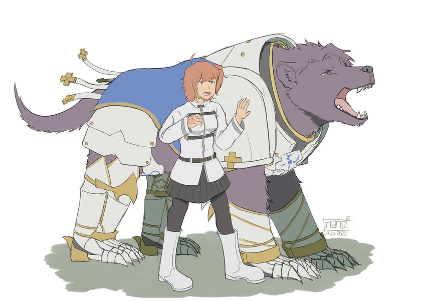 alternate_species armor clothed clothed_feral clothing duo female feral fur hair male orange_hair purple_body purple_fur roaring nanoquadrate fate_(series) type-moon gudako_(fate) lancelot_(fate) ritsuka_fujimaru bear human mammal absurd_res hi_res