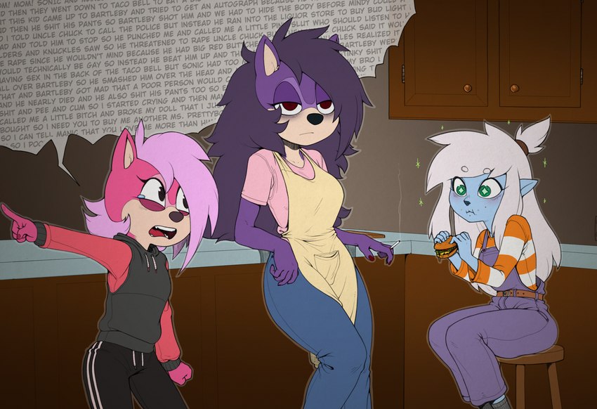 anthro apron argument bodily_fluids clothing crying eating female food fur group hoodie kitchen overalls pink_body pink_fur profanity purple_body purple_fur ringed_eyes sandwich_(food) tears text topwear vulgar ricksteubens sega sonic_the_hedgehog_(series) sonic_underground tamers12345's_sonic_underground flora_(sonic_underground) queen_aleena_hedgehog sonia_the_hedgehog eulipotyphlan hedgehog mammal pixie absurd_res english_text hi_res