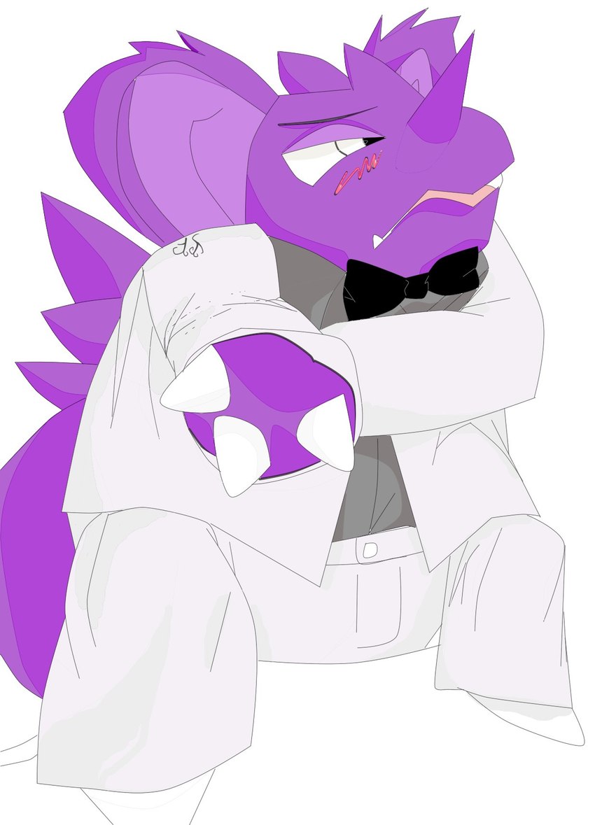 3_fingers anthro blush blush_lines bow_tie claws clothing fangs finger_claws fingers groom looking_away male offering_hand purple_body simple_background solo suit teeth tsundere white_background white_clothing white_suit renv nintendo pokemon generation_1_pokemon nidoking pokemon_(species) 2021 hi_res shaded simple_shading