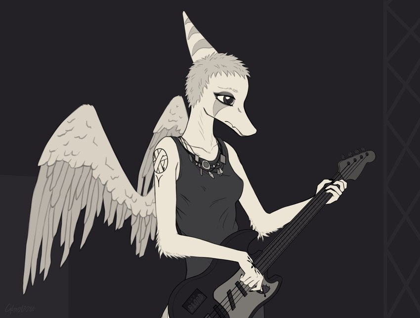 anthro bass_guitar black_makeup blank_stare breasts clothed clothing elbow_feathers eyes_closed feathered_wings feathers female fingers frill_(anatomy) grey_hair guitar guitar_pick hair musical_instrument notched_wings pale_body performance playing_music plucked_string_instrument sad short_hair short_tail skinny slim snout solo stage string_instrument tail wings ghost3280 cavemanon_studios goodbye_volcano_high snoot_game fang_(gvh) prehistoric_species pterodactylus pterosaur reptile scalie absurd_res hi_res