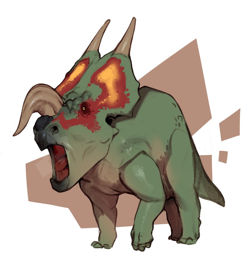 3_horns 4_toes abstract_background ambiguous_feral ambiguous_gender beak black_beak black_sclera brown_body brown_horn brown_scales feet feral green_body green_scales horn multi_horn multicolored_body multicolored_scales open_mouth pupils quadruped red_body red_scales red_tongue scales solo standing tapering_tail toes tongue yellow_body yellow_eyes yellow_scales combos-n-doodles ceratopsian dinosaur einiosaurus ornithischian prehistoric_species reptile scalie 2025 absurd_res hi_res