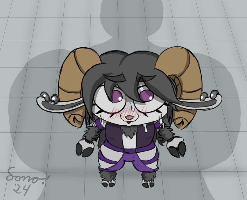 blush bodily_fluids chibi horn ominous_presence shadow super_deformed sweat toony sono sonomatic bovid caprine mammal sheep wool_(disambiguation) absurd_res hi_res