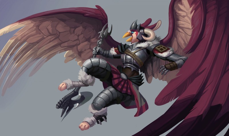 anthro armor axe battle_axe beak blue_eyes bracers clothing fantasy_weapon feathered_wings feathers flying gauntlets gloves greaves grey_background handwear horn male melee_weapon open_mouth pauldron platemail red_body red_feathers simple_background solo spiked_armor spikes weapon white_body white_feathers wings kuroame avian bird hi_res