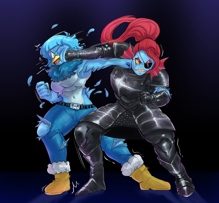 anthro armor breasts clothing duo female fight hair long_hair navel punch punching_face thick_thighs torn_clothing anonymous_artist thedarkzircon undertale_(series) undertale_yellow martlet_(undertale_yellow) undyne avian bird fish marine absurd_res hi_res