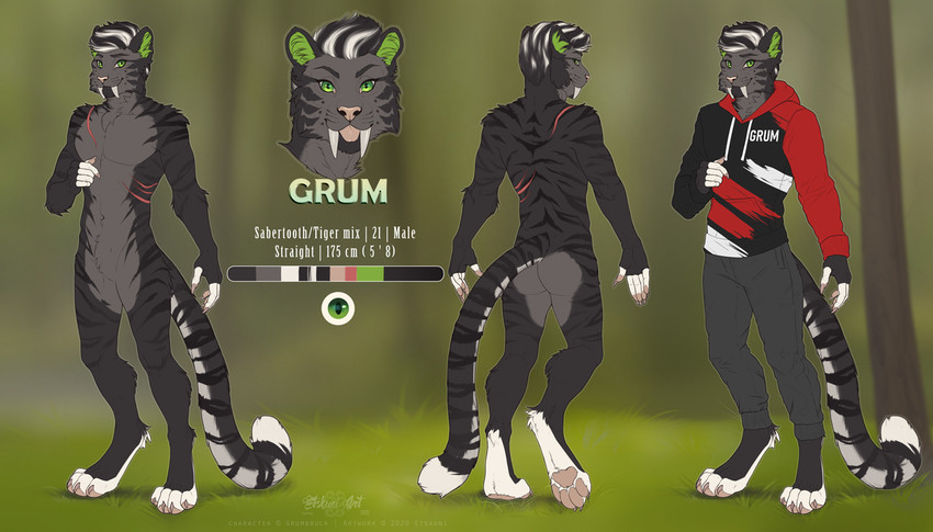 anthro black_body black_stripes color_swatch countershade_tail countershading fingerless_(marking) fur green_eyes male smile solo striped_body striped_fur stripes tail text etskuni grum_(grumbbuck) felid mammal pantherine prehistoric_species saber-toothed_tiger tiger 2020 digital_media_(artwork) english_text model_sheet