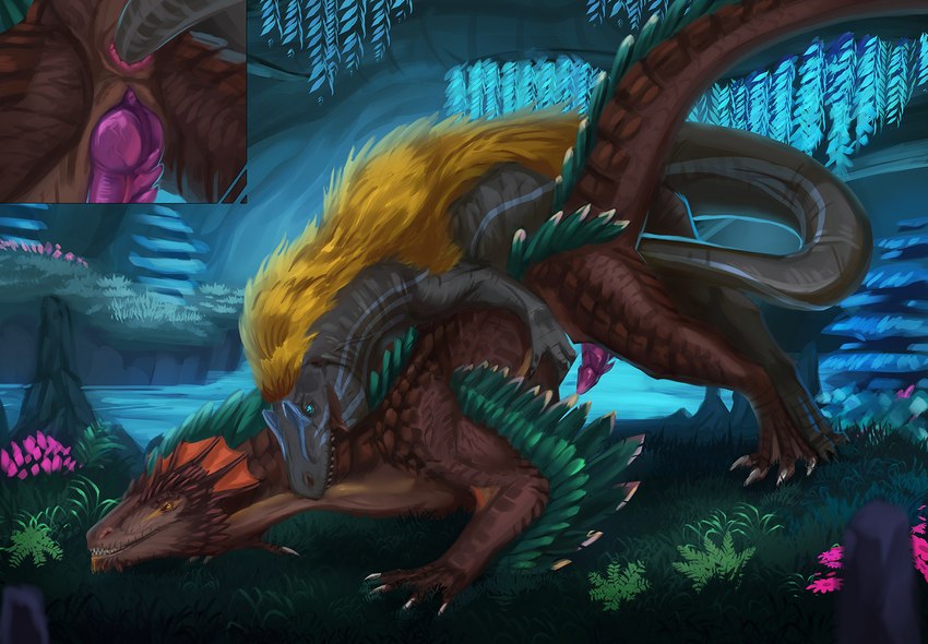 anal anal_penetration animal_genitalia anus blonde_mane brown_body brown_scales claws digitigrade duo erection feathers feral feral_on_feral feral_penetrated feral_penetrating feral_penetrating_feral finger_claws fur genital_slit genitals grass green_body green_feathers grey_body grey_scales knot male male/male male_penetrated mane penetration penis pink_anus pink_knot pink_penis plant scales sex tail tail_fetish tail_in_ass tail_insertion tail_play toe_claws water white_claws yellow_body yellow_fur darlsol' mythology dinosaur dragon mythological_creature mythological_scalie prehistoric_species reptile rock_drake scalie hi_res shaded