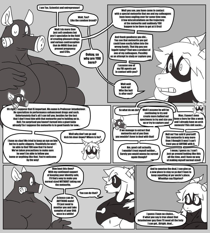 anthro big_muscles big_pecs duo horn huge_muscles huge_pecs hyper hyper_muscles male mask muscular muscular_anthro muscular_arms muscular_male pecs profanity superhero text parttimeyeen_(artist) gabriel_(parttimeyeen) tox_(parttimeyeen) bovid caprine goat mammal absurd_res comic english_text hi_res