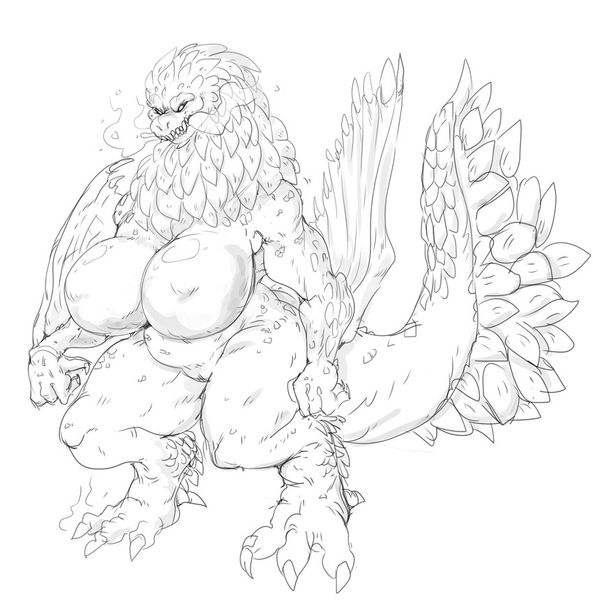 anthro anthrofied big_breasts breasts curvy_figure female genitals huge_breasts muscular muscular_female non-mammal_breasts nude pussy scales solo tail voluptuous mhdrawin capcom monster_hunter mythology bazelgeuse dragon flying_wyvern mythological_creature mythological_scalie scalie 2022 absurd_res black_and_white hi_res monochrome sketch