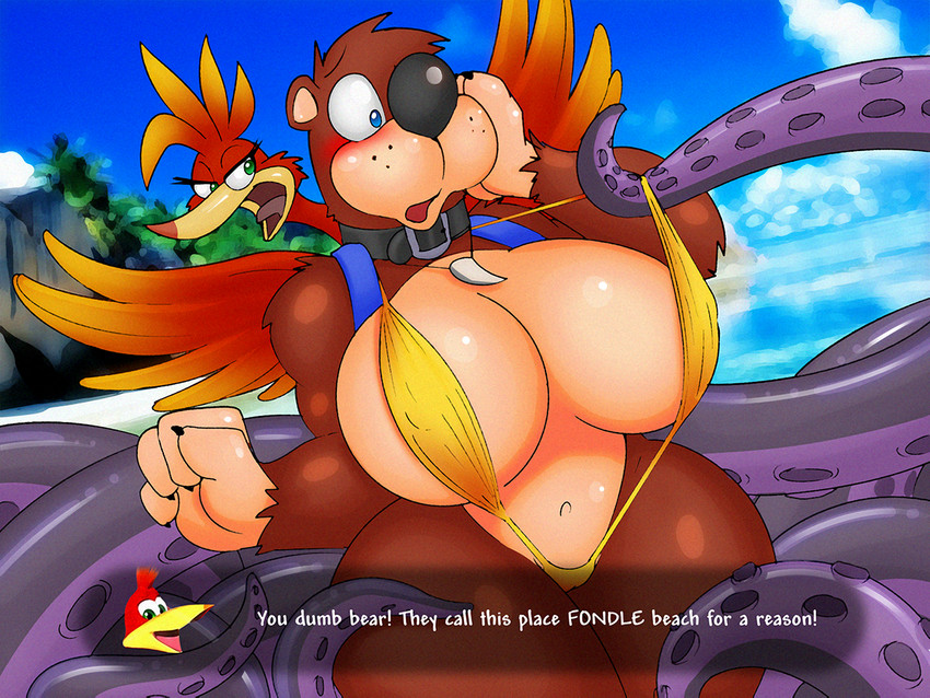 anthro backpack beak big_breasts bikini blue_eyes blush breasts camel_toe clothing crossgender dialogue duo female green_eyes huge_breasts jewelry mtf_crossgender navel necklace one-piece_swimsuit open_beak open_mouth sling_bikini swimwear tentacles text two-piece_swimsuit dracojeff banjo-kazooie rareware banjo_(banjo-kazooie) kazooie avian bear breegull mammal 2020 4:3 english_text