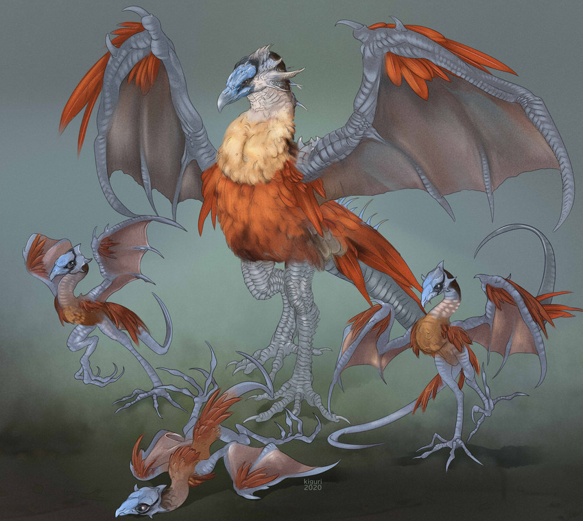 ambiguous_gender beak claws feathered_wings feathers feral group simple_background standing wings kiguri european_mythology mythology dragon mythological_creature mythological_scalie scalie western_dragon wyvern 2020 absurd_res digital_media_(artwork) hi_res