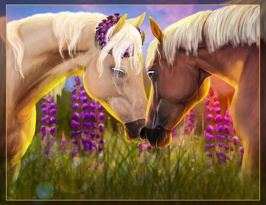 accessory ambiguous/ambiguous ambiguous_gender blue_eyes duo eye_contact feral field flower flower_in_hair hair hair_accessory looking_at_another plant purple_eyes purple_flower sunset amber18db mary_(bloopertrooper) maxym_(bloopertrooper) dolehest equid equine horse icelandic_horse mammal female_(lore) male_(lore)