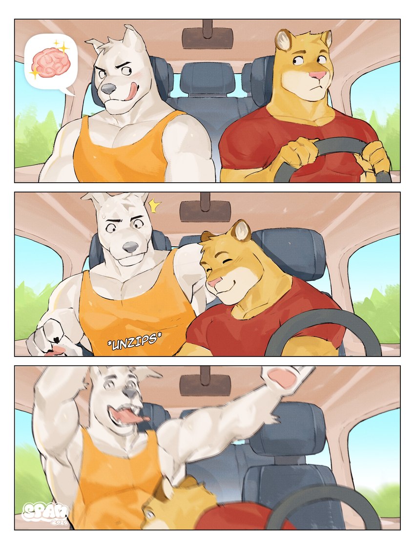 4_fingers anthro barazoku biceps big_muscles black_eyes car_interior clothing countershade_fur countershading driver duo fellatio_request fingers fur implied_oral male male/male muscular muscular_anthro muscular_male oral_request orange_clothing orange_shirt orange_tank_top orange_topwear pecs red_clothing red_shirt red_topwear requesting sex_request shirt tank_top topwear white_body white_countershading white_fur yellow_body yellow_fur spamzilla canid canine canis cougar domestic_dog felid feline mammal pantherine absurd_res hi_res