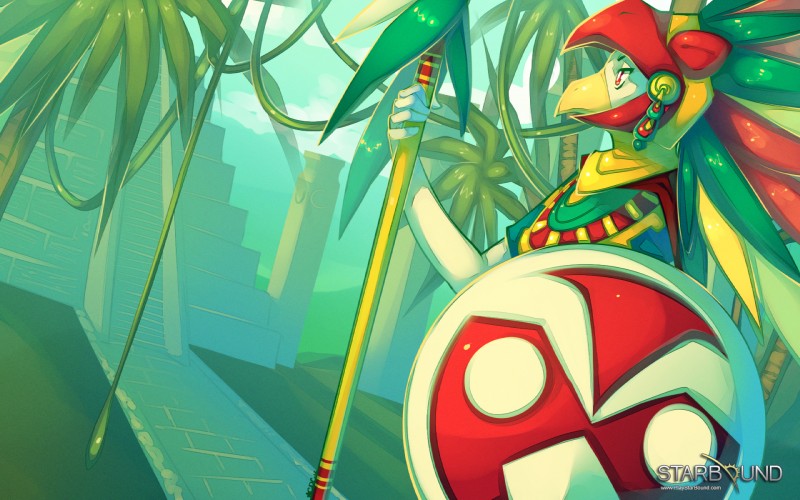 ambiguous_gender anthro aztec beak biped forest holding_object holding_weapon jungle nature outside plant red_eyes regalia shield solo standing temple text tree tribal weapon fetalstar starbound avian avian_(starbound) 16:10 hi_res url wallpaper widescreen