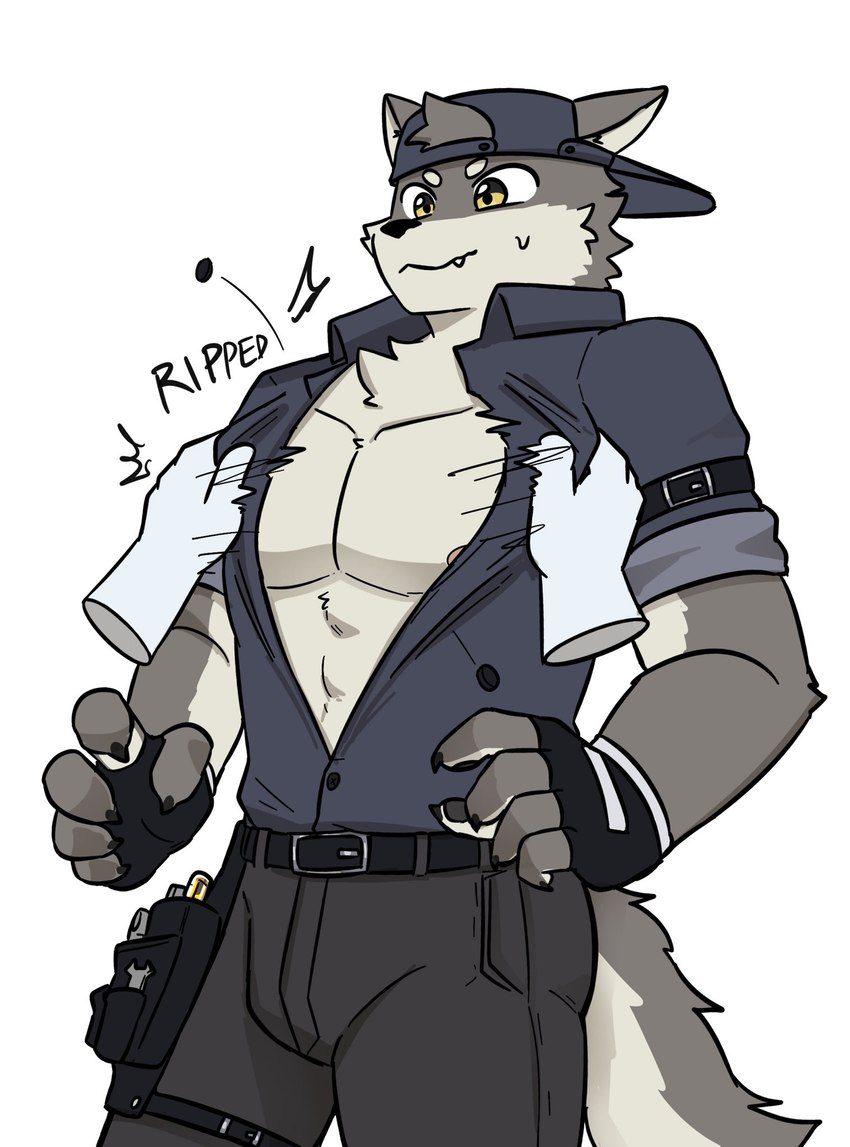 abs anthro areola backwards_baseball_cap backwards_hat baseball_cap belt belt_buckle biceps big_muscles bottomwear buckle claws clothed clothing disembodied_hand fangs fingerless_gloves fluffy fluffy_tail fully_clothed_anthro fully_clothed_male fur furgonomic_hat furgonomic_headwear furgonomics gloves grey_body grey_fur hair handwear hat headgear headwear male multicolored_body multicolored_fur muscular muscular_anthro muscular_male nipples open_clothing open_shirt open_topwear pants pecs shirt simple_background solo standing tail teeth topwear torn_clothing torn_shirt torn_topwear two_tone_body two_tone_fur white_background yellow_eyes northwoooof mech_(northwoooof) canid canine canis mammal wolf colored digital_media_(artwork) hi_res