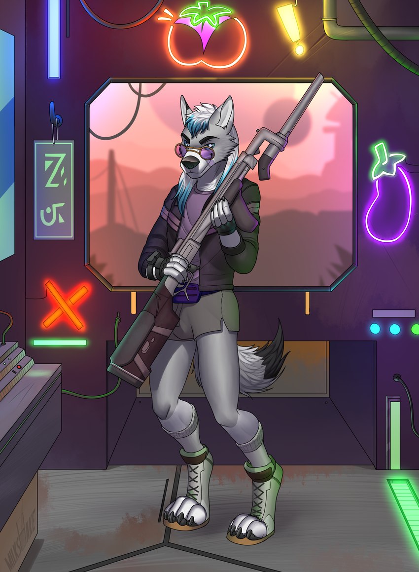 bayonet bottomwear clothing eggplant eyewear fanny_pack food fruit gun knife male neon_sign plant ranged_weapon rifle shorts sign solo sunglasses weapon druidogger 2k_games borderlands dante_kinkade canid canine canis mammal wolf peach_(disambiguation) absurd_res hi_res