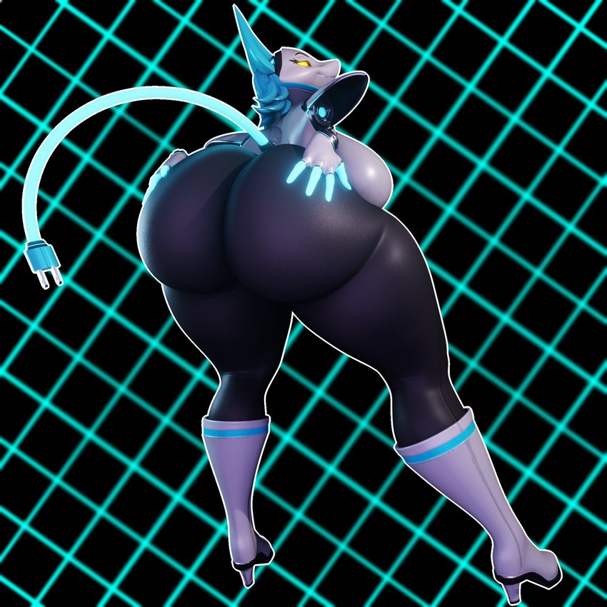 anthro big_breasts big_butt blue_hair boots breasts butt clothing female floating_hands footwear glowing glowing_eyes hair hand_on_butt high_heeled_boots high_heels huge_butt looking_back machine shoes solo tail yellow_eyes madladdeluxe deltarune undertale_(series) tasque_manager android darkner felid feline mammal robot 3d_(artwork) digital_media_(artwork) hi_res