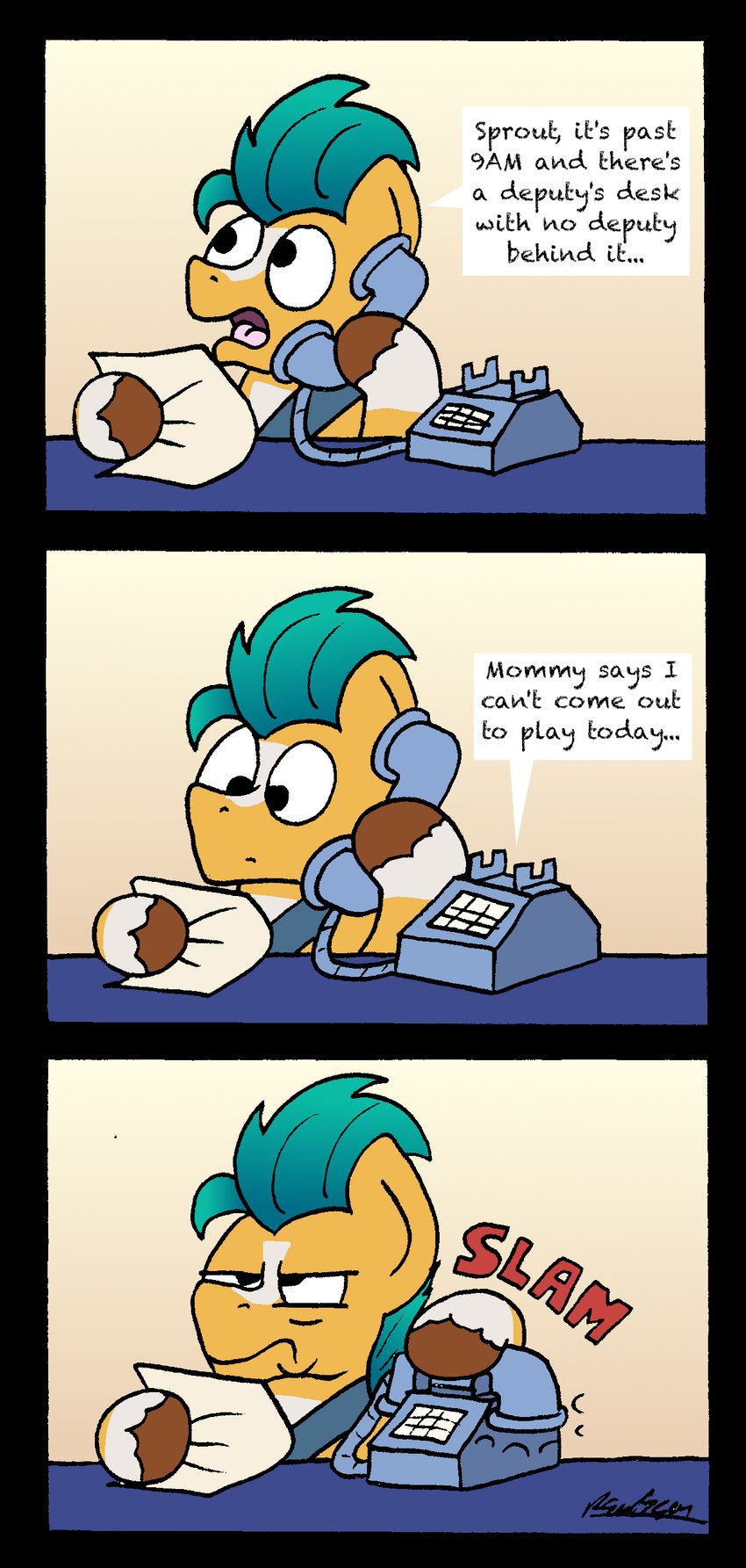 angry aquamarine_hair dialogue electronics hooves landline_phone leg_markings male markings paper phone socks_(marking) text turquoise_hair bobthedalek hasbro mlp_g5 my_little_pony hitch_trailblazer_(mlp) earth_pony equid equine horse mammal pony absurd_res comic english_text hi_res