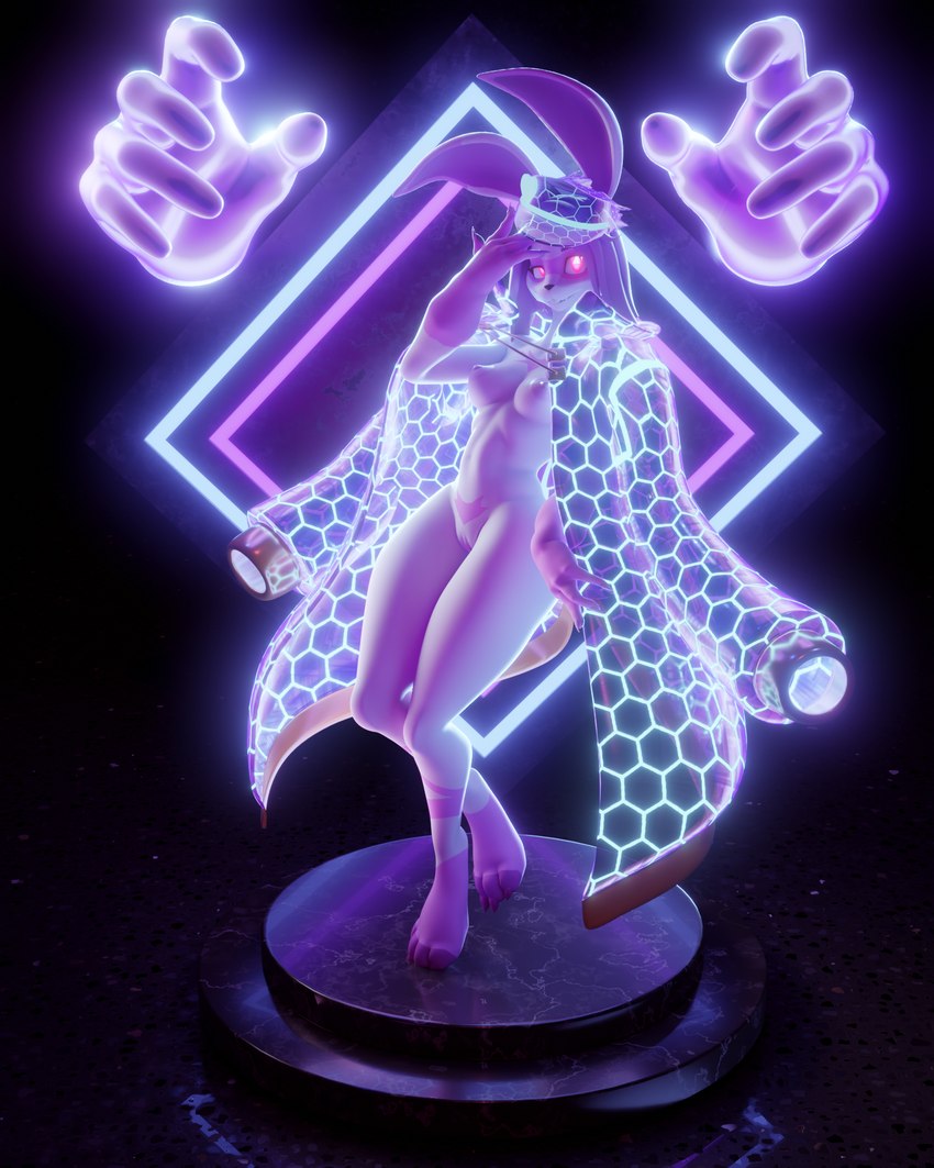 anthro breasts claws clothed clothing coat coat_cape digitigrade disembodied_hand female fur genitals glowing glowing_clothing glowing_eyes glowing_hands hair hat headgear headwear jojo_pose long_ears long_hair medium_breasts neon_lights nipples on_one_leg pink_eyes pose pussy smile solo standing thick_thighs topless topless_anthro topless_female topwear white_body white_fur annoad warfaremachine_(modeler) caroline_parker_(kaitou3d) lagomorph leporid mammal rabbit 3d_(artwork) digital_media_(artwork) hi_res pinup