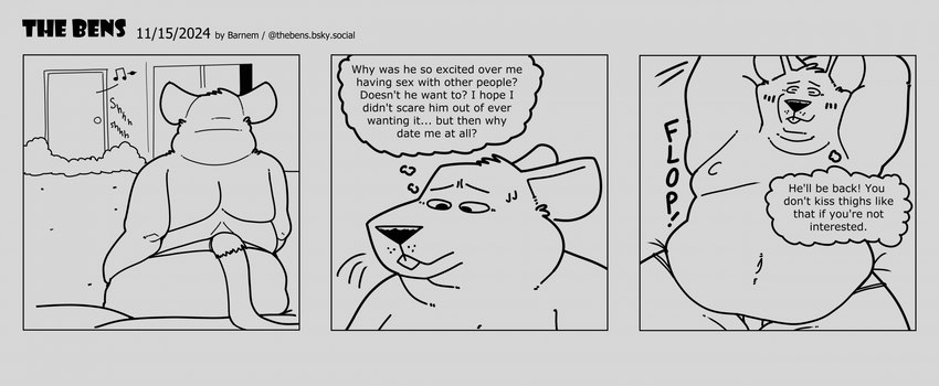 anthro bed belly big_belly dialogue furniture lying male moobs nipples overweight overweight_male sitting solo text barnem mammal murid murine rat rodent 2024 comic english_text hi_res monochrome