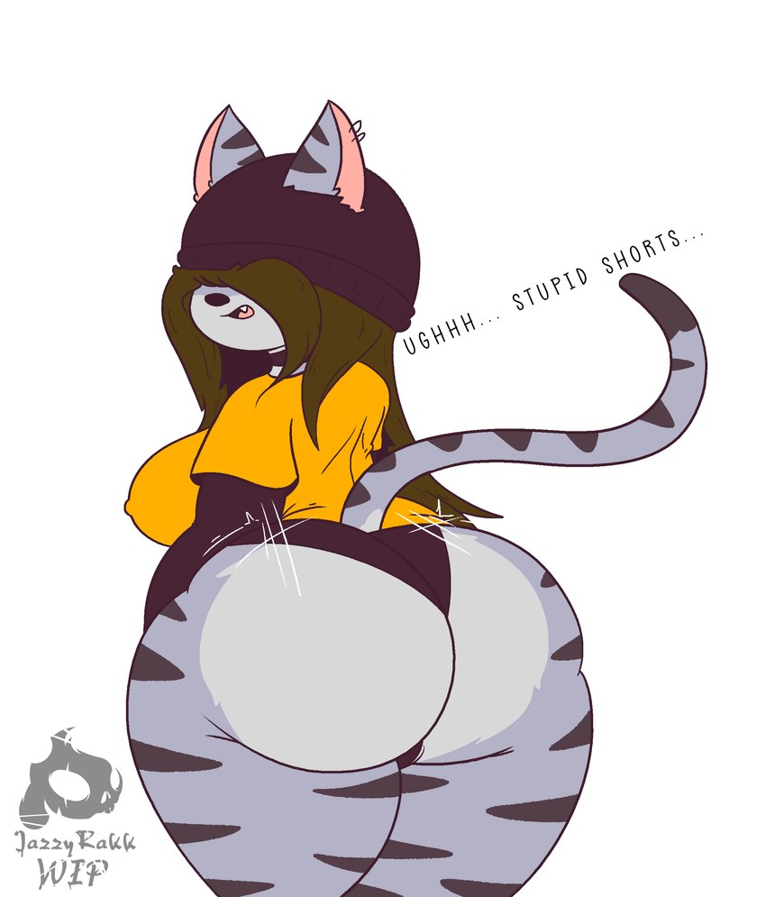 anthro big_breasts big_butt breasts brown_hair butt female fur hair huge_butt simple_background solo tail text thick_thighs wide_hips jazzyrakk ebona_(jazzyrakk) domestic_cat felid feline felis mammal tabby_cat absurd_res digital_media_(artwork) hi_res unfinished