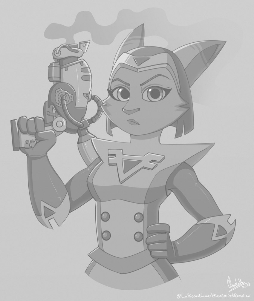 anthro breasts clothing eyebrows eyelashes female gloves gun hair hand_on_hip handwear looking_at_viewer ranged_weapon short_hair smoke solo trigger_discipline weapon bluestripedrenulian ratchet_and_clank sony_corporation sony_interactive_entertainment sasha_phyronix cazar_(ratchet_and_clank) mammal 2023 hi_res monochrome