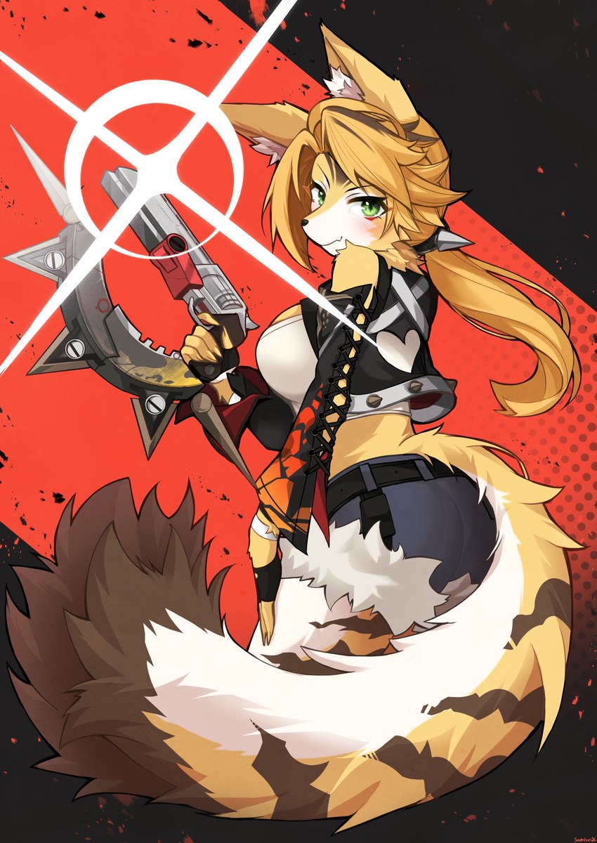 anthro big_breasts blonde_hair blush breasts butt clothing female fingerless_gloves fur gloves green_eyes gun hair handwear heart_symbol holding_gun holding_object holding_ranged_weapon holding_weapon huge_breasts inner_ear_fluff jacket looking_at_viewer ranged_weapon shirt side_boob smile solo tail tank_top topwear tuft weapon white_body white_fur yellow_body yellow_fur samhae mihoyo zenless_zone_zero pulchra_fellini domestic_cat felid feline felis mammal absurd_res hi_res