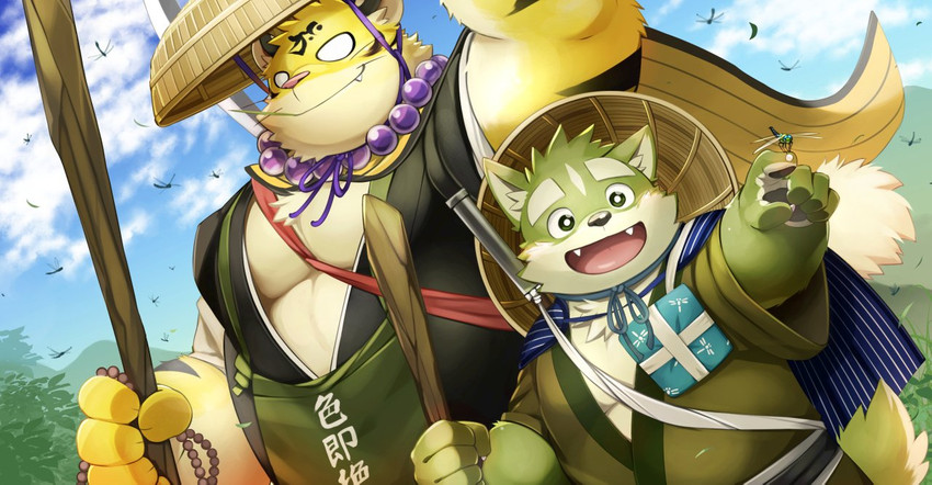 anthro belly black_nose clothing detailed_background duo fur green_body green_fur hat headgear headwear humanoid_hands kemono male outside overweight overweight_male robe yellow_body yellow_fur kinoshita-jiroh the_spicy_ninja_scrolls benkei_(the_spicy_ninja_scrolls) wasabi_(the_spicy_ninja_scrolls) canid canine canis domestic_dog felid mammal pantherine tiger 2020