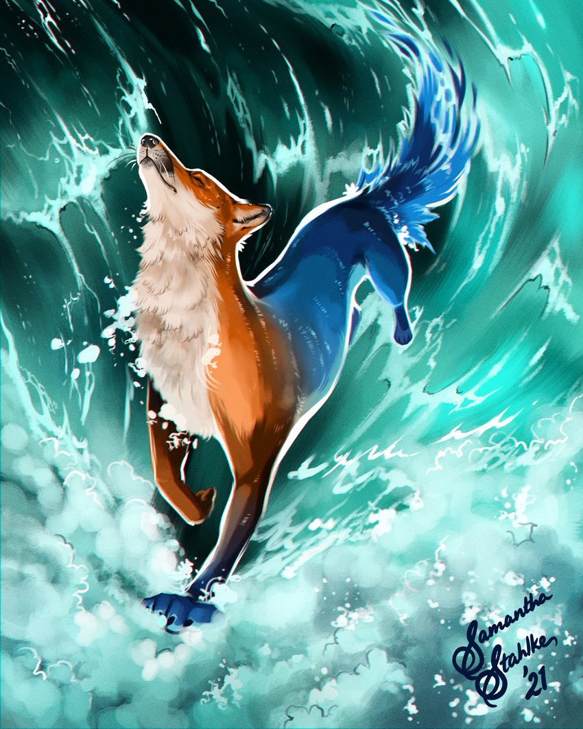 ambiguous_gender black_lips blue_body blue_fur eyes_closed feral fur lips orange_body orange_fur solo transformation walking_on_water water whiskers charlatan-of-doom canid canine fox mammal 4:5 hi_res