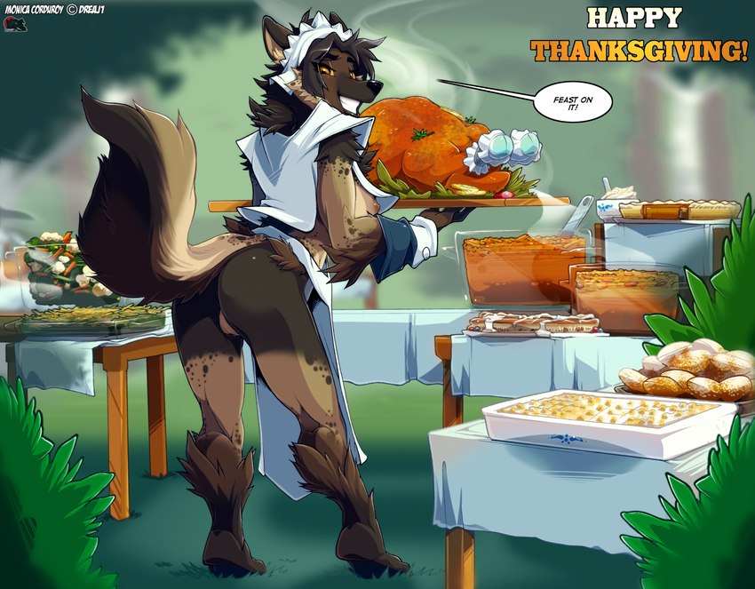 anthro arm_tuft black_hair black_nose bottomless bottomless_anthro bottomless_female breasts brown_body brown_fur butt clothed clothing dialogue feet female food fur furniture genitals grin hair hindpaw holidays humanoid_hands leg_tuft looking_at_viewer looking_back looking_back_at_viewer mashed_potatoes meat paws pilgrim pussy ruff smile solo speech_bubble table teeth text tuft turkey_meat gnaw dreaj1 thanksgiving monica_corduroy hyena mammal spotted_hyena 2023 english_text hi_res