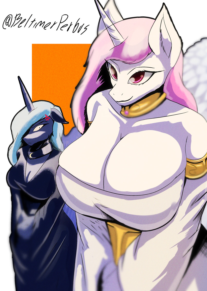 abstract_background anthro bare_shoulders big_breasts black_eyes blue_body blue_fur blue_mane breast_envy breast_size_difference breasts cleavage clothed clothing cross-popping_vein curvy_figure dress duo emanata eyelashes feathered_wings feathers female fur horn huge_breasts long_mane mane mane_over_eye off_shoulder pink_eyes pink_mane smile snout strapless_clothing strapless_dress text unicorn_horn voluptuous voluptuous_anthro voluptuous_female white_body white_clothing white_dress white_fur wings beltimerperbus friendship_is_magic hasbro my_little_pony mythology princess_celestia_(mlp) princess_luna_(mlp) equid equine mammal mythological_creature mythological_equine winged_unicorn 2025 absurd_res artist_name digital_drawing_(artwork) digital_media_(artwork) hi_res signature sibling_(lore) sister_(lore) sisters_(lore)