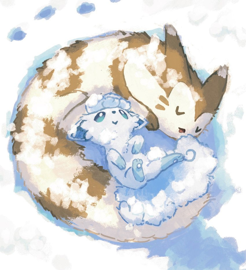 3_fingers 3_toes :> ambiguous_gender blue_eyes blue_inner_ear brown_body brown_fur cheek_tuft countershading covered_in_snow curled_up duo ears_back ears_outwards eyes_closed facial_tuft feet feral fingers fluffy fluffy_tail fur kemono looking_up_at_partner lying lying_on_ground lying_on_partner lying_on_snow multicolored_body multicolored_fur on_back on_ground on_snow open_mouth outside paw_markings pawpads paws pivoted_ears raised_paw simple_nose sleeping snow tail toes tuft white_body white_fur arco_(artist) nintendo pokemon alolan_form alolan_vulpix furret generation_2_pokemon generation_7_pokemon pokemon_(species) regional_form_(pokemon) 2025 digital_media_(artwork) hi_res