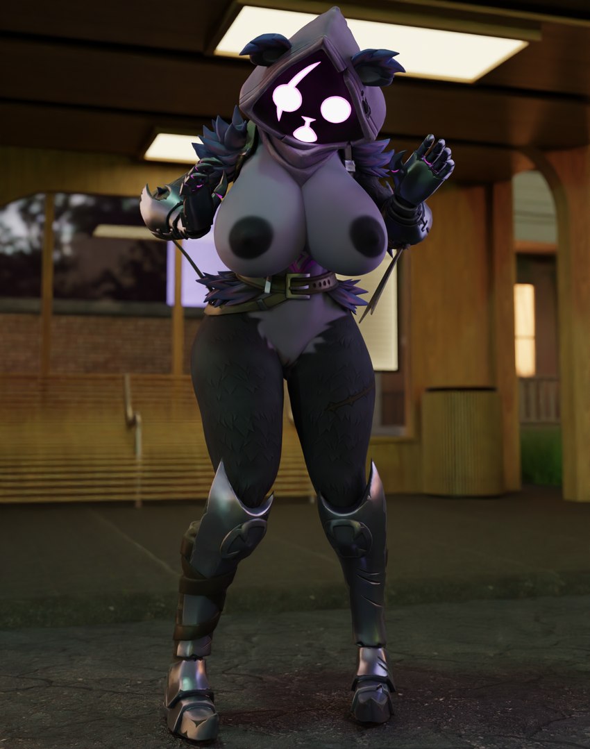 anthro areola big_breasts black_areola black_body black_ears black_fur black_nipples breast_expansion breasts bus_stop clothing expansion eye_scar facial_scar female fur fur_markings genitals grey_body grey_clothing grey_fur markings multicolored_body multicolored_fur nipples nude outside public purple_body purple_fur pussy scar shadow_face solo two_tone_body two_tone_fur akittu blender_cycles epic_games fortnite raven_team_leader bear mammal 3d_(artwork) blender_(artwork) digital_media_(artwork) hi_res