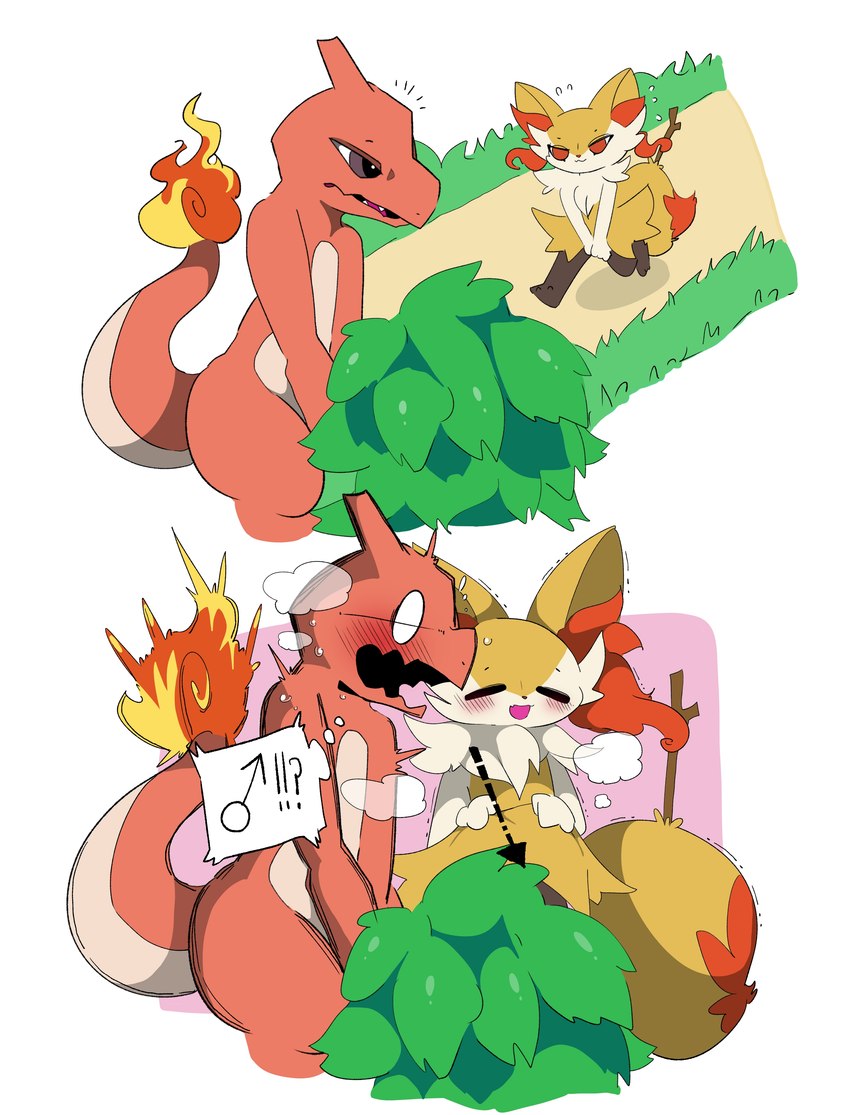 blush duo eyes_closed femboy humor male red_body simple_background surprise surprised_expression amaoto nintendo pokemon braixen charmeleon generation_1_pokemon generation_6_pokemon pokemon_(species) absurd_res hi_res male_(lore)