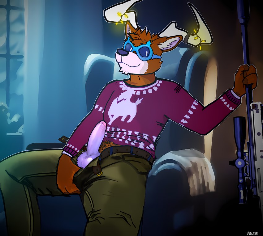 anthro balls clothing comfy erection eyewear foreskin genitals gun humanoid_genitalia humanoid_penis looking_at_viewer male mood_lighting night penis ranged_weapon sitting solo suggestive_look sunglasses sweater topwear unzipped unzipped_pants weapon zipper mblaze epic_games fortnite dolph_(fortnite) deer mammal new_world_deer reindeer hi_res