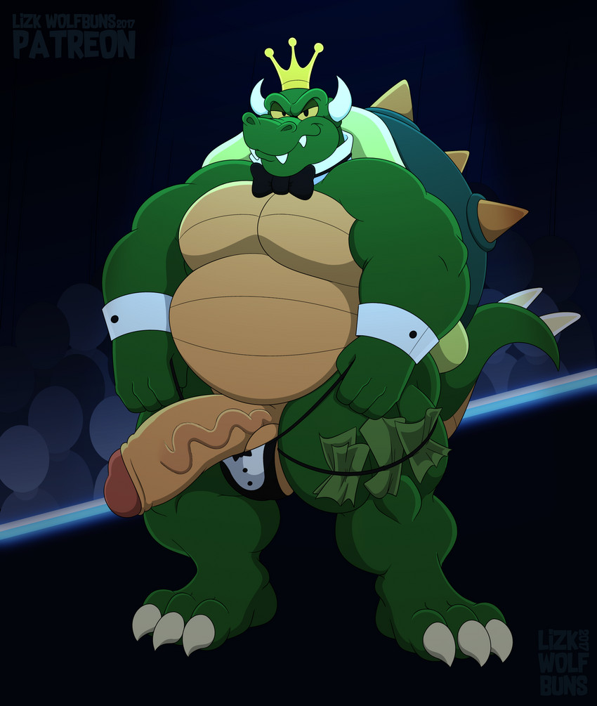 anthro balls bow_tie crown genitals headgear humanoid_genitalia humanoid_penis male musclegut muscular penis solo stripper vein veiny_penis wolfbuns mario_bros nintendo king_koopa koopa scalie absurd_res hi_res