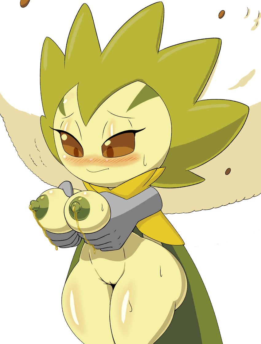 ambiguous_gender anthro areola big_breasts blush bodily_fluids breast_grab breasts disembodied_hand duo female genitals green_areola green_body green_nipples half-closed_eyes hand_on_breast lactating looking_down narrowed_eyes nipples nude pussy thick_thighs unusual_bodily_fluids unusual_lactation wide_hips tansau nintendo pokemon eldegoss generation_8_pokemon pokemon_(species) hi_res