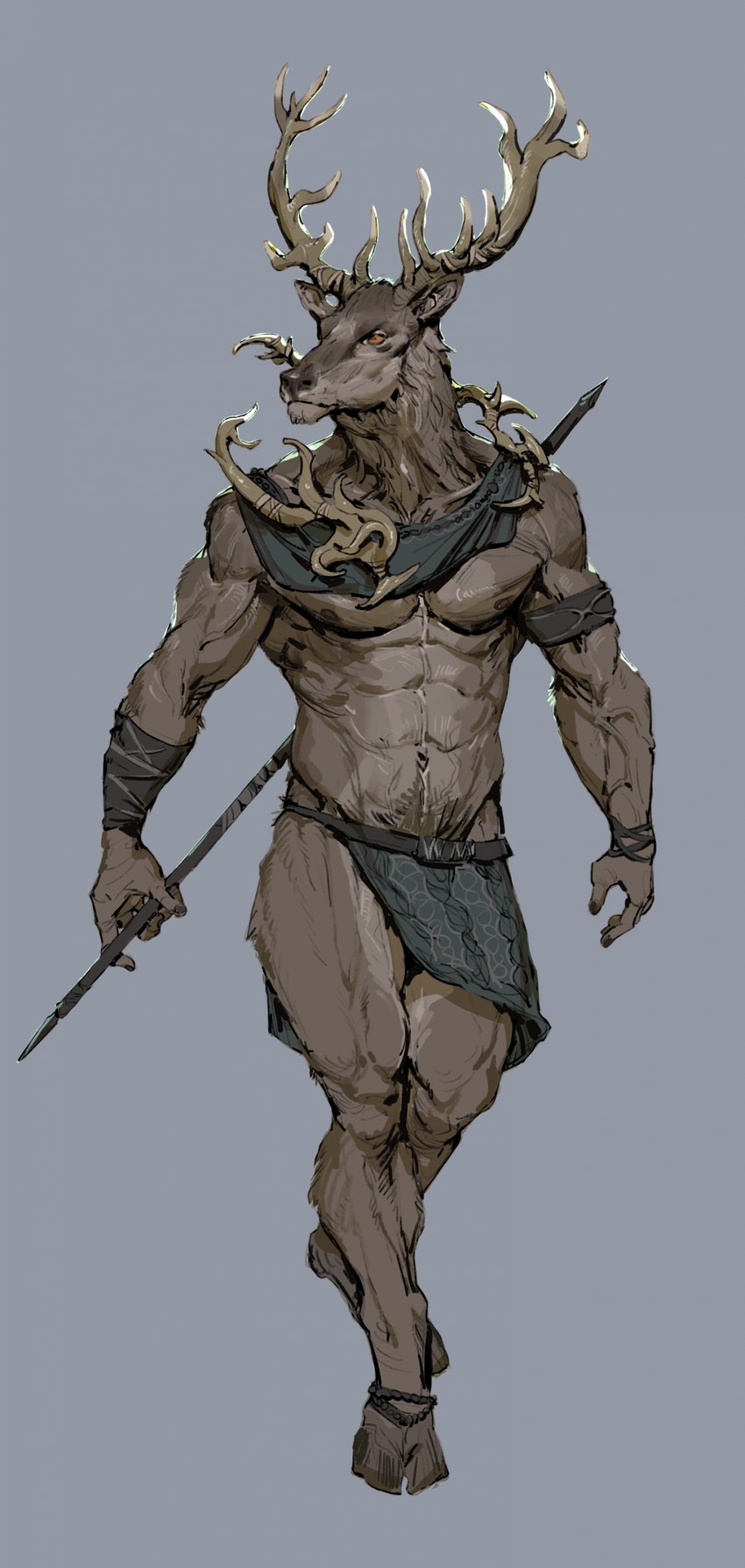 abs accessory amber_eyes anthro antlers biceps bottomwear clothed clothing daedric_prince fingers fur grey_background holding_melee_weapon holding_object holding_polearm holding_spear holding_weapon hooves horn hunter loincloth looking_away male manly melee_weapon muscular muscular_male nipples pecs polearm pubes serious simple_background solo spear topless topless_male unguligrade vein veiny_muscles weapon pacelic microsoft the_elder_scrolls hircine daedra deer deity hybrid mammal absurd_res digital_media_(artwork) hi_res