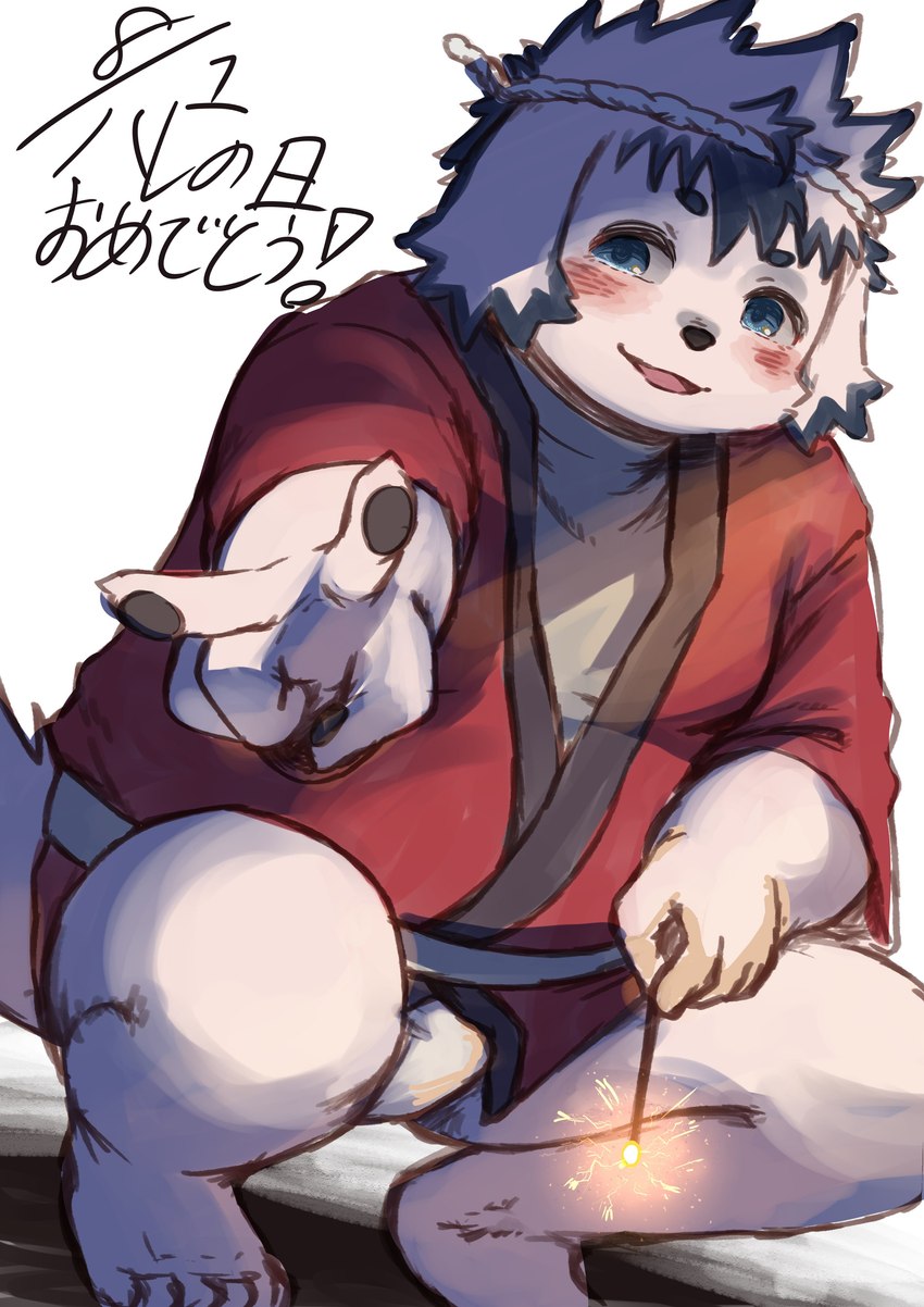 accessory anthro asian_clothing belly blue_eyes blush clothing crouching east_asian_clothing fireworks floppy_ears fundoshi fur gesture hand_gesture happi_(clothing) headband japanese_clothing looking_at_viewer male pawpads slightly_chubby solo sparkler underwear v_sign white_body white_fur reo_oil tamacolle tajima_(tamacolle) canid canine canis domestic_dog mammal absurd_res hi_res