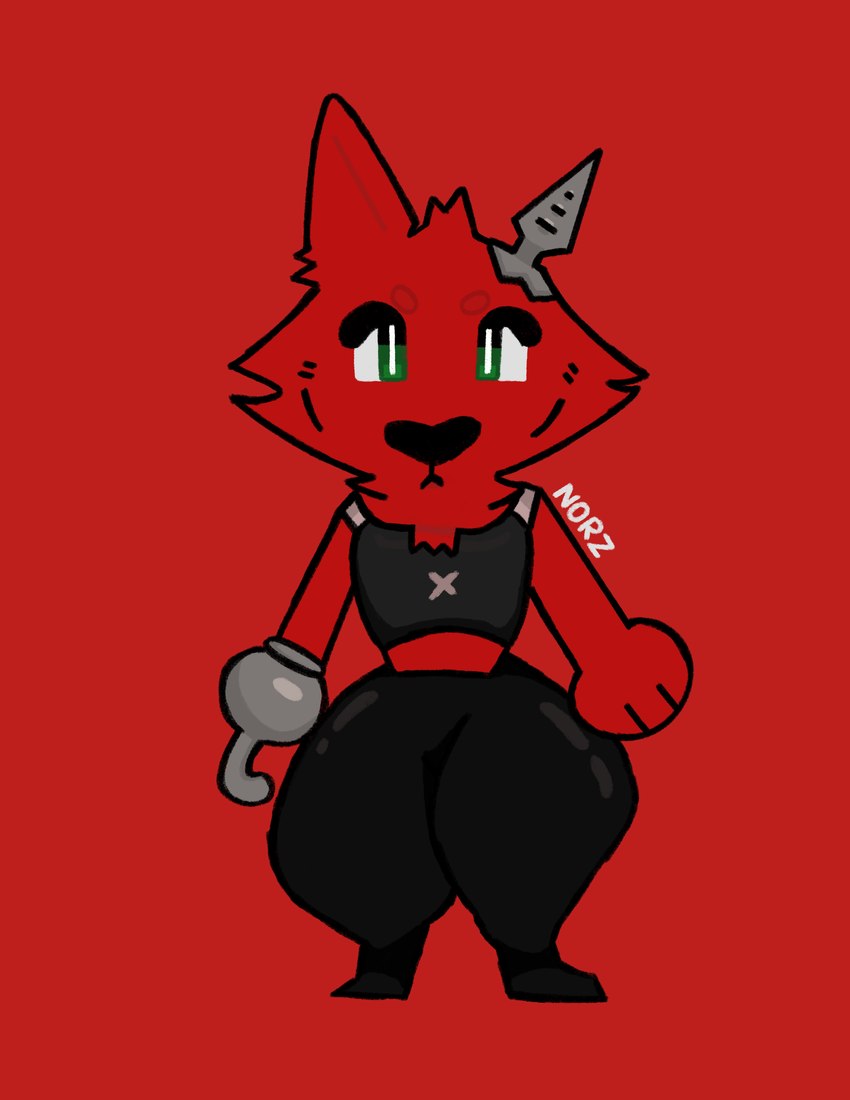 3_fingers andromorph anthro big_eyes bottomwear clothing femboy fingers fishnet_clothing footwear fur green_eyes hook intersex male metallic_body norz pants red_background red_body red_fur shoes simple_background solo topwear unknown_artist five_nights_at_freddy's scottgames foxy_(fnaf) canid canine fox mammal absurd_res hi_res watermark