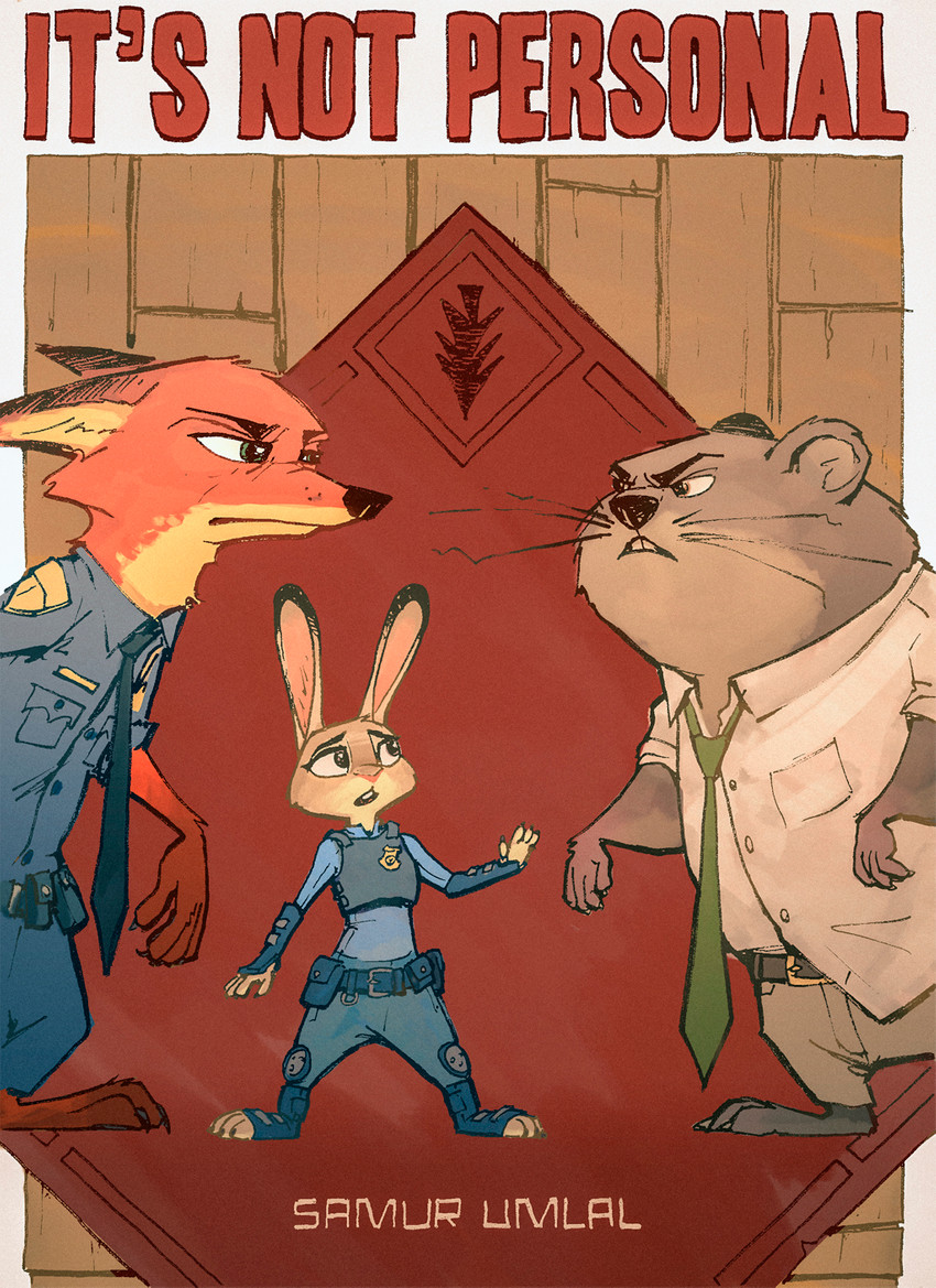 anthro barefoot belt bottomwear brown_body brown_fur clothing eye_contact feet female fur grey_body grey_fur group looking_at_another male necktie orange_body orange_fur pants police police_uniform shirt standing text topwear uniform whiskers samur_shalem disney zootopia judy_hopps nick_wilde canid canine fox ground_squirrel groundhog lagomorph leporid mammal marmot rabbit red_fox rodent sciurid true_fox 2017 english_text hi_res story story_in_description