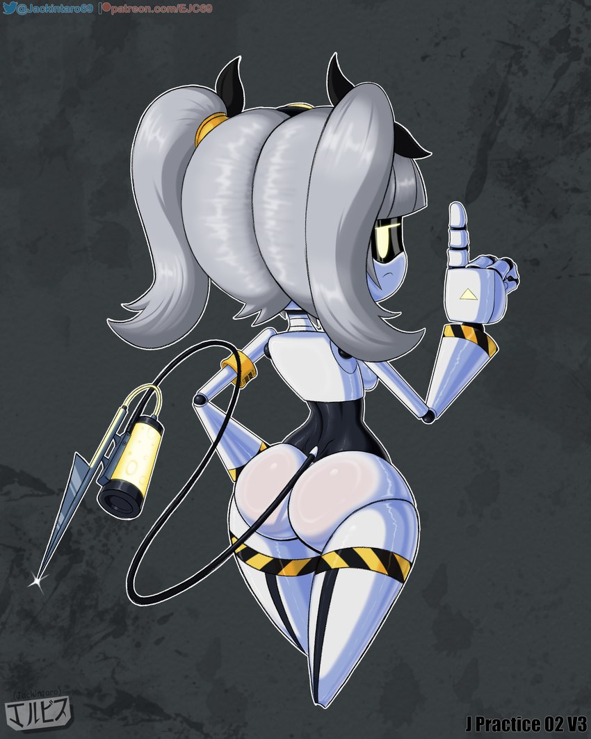 accessory butt female fingers grey_hair hair hazard_stripes looking_at_viewer looking_back machine not_furry nude pigtails ribbons screen_eyes simple_background solo syringe tail text twintails_(hairstyle) white_body yellow_eyes jackintaro glitch_productions murder_drones j_(murder_drones) disassembly_drone humanoid robot robot_humanoid tailed_humanoid 4:5 absurd_res digital_media_(artwork) hi_res url