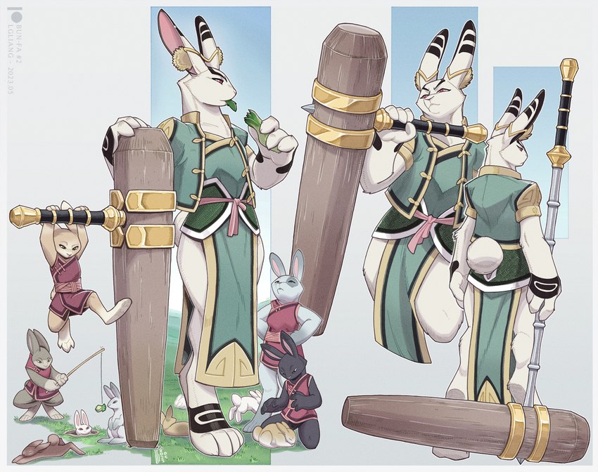 ambiguous_gender anthro clothing digitigrade earmuffs eating female feral fur fur_markings gradient_background group hammer kine_(mallet) markings multiple_poses pose robe simple_background size_difference solo_focus tools conditional_dnp loupgarou touzhai lagomorph leporid mammal rabbit model_sheet