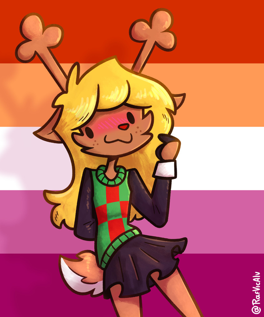 :3 anthro antlers blonde_hair blush blush_lines bottomwear clothing dot_eyes female flag flag_background freckled_face freckles hair hand_behind_back horn lesbian_pride_colors lgbt_pride long_hair pride_colors scut_tail short_tail simple_eyes skirt solo standing sweater tail topwear tuft young rafvicalv deltarune undertale_(series) noelle_holiday deer mammal new_world_deer reindeer 5:6 hi_res
