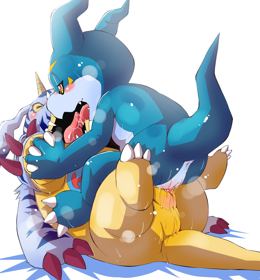 animal_genitalia anthro bodily_fluids drooling duo french_kissing genital_slit genitals horn kissing legs_up male male/male saliva slightly_chubby slit_play slit_tribadism slitfluid stacking tongue young chibineco bandai_namco digimon digimon_(species) gabumon veemon absurd_res hi_res