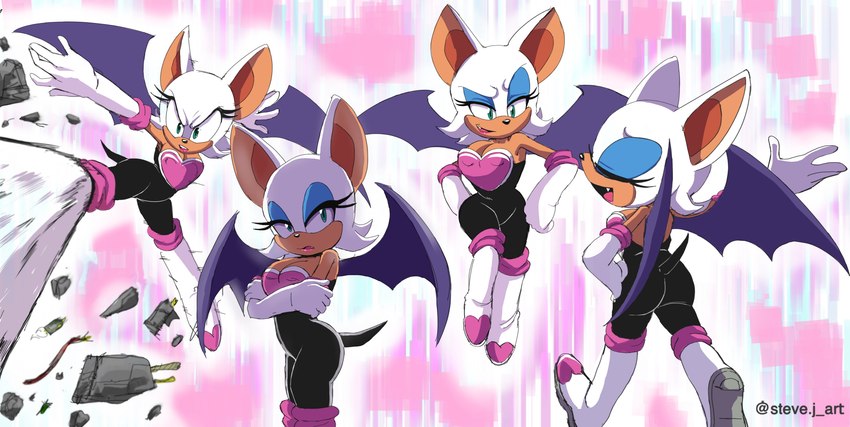 anthro armwear boots breasts cleavage clothed clothing elbow_gloves eyes_closed eyeshadow female footwear fur gloves handwear lipstick looking_at_viewer makeup membrane_(anatomy) membranous_wings multiple_poses pose shoes solo tan_body tan_skin white_body white_fur wings steve_jones sega sonic_the_hedgehog_(series) rouge_the_bat bat mammal 2023 absurd_res hi_res signature