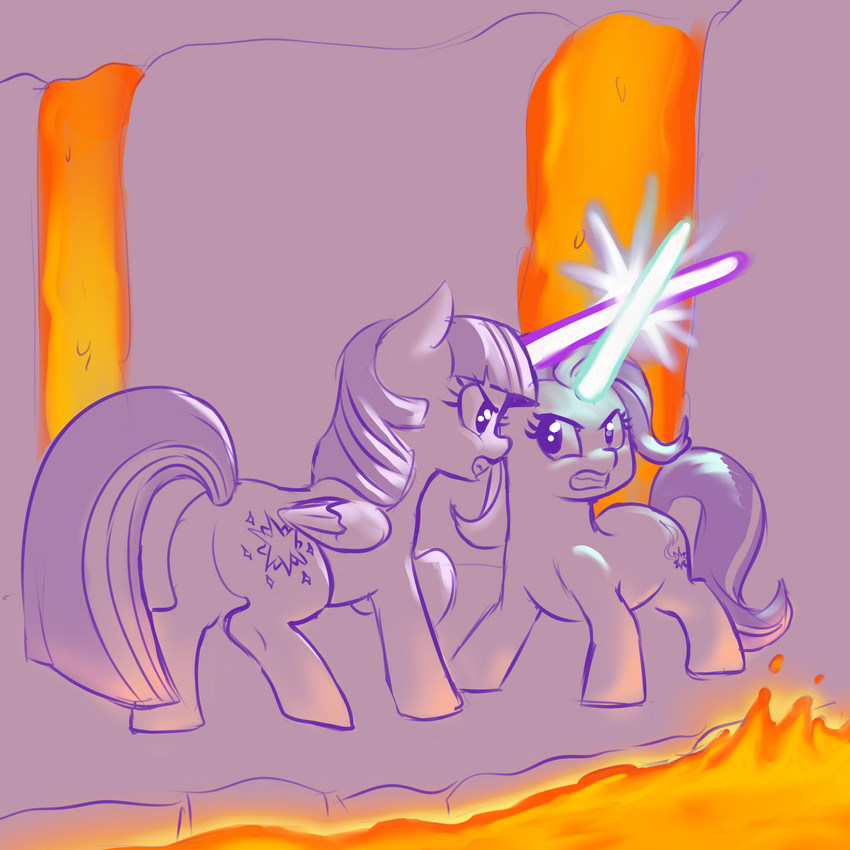 cutie_mark duo female feral fight green_lightsaber horn lava lightsaber melee_weapon purple_lightsaber weapon wings crade friendship_is_magic hasbro my_little_pony mythology star_wars starlight_glimmer_(mlp) twilight_sparkle_(mlp) equid equine mammal mythological_creature mythological_equine unicorn winged_unicorn 1:1 hi_res