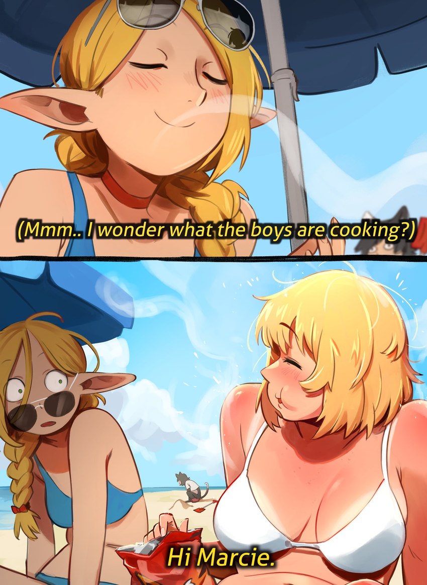 beach bikini blonde_hair breasts chips_(food) clothing dialogue duo_focus eyewear female food group hair humanoid_pointy_ears humor not_furry_focus sand shocked sniffing sunburn sunglasses suntan swimwear tail tan_line text two-piece_swimsuit khyleri delicious_in_dungeon doritos frito-lay falin_touden izutsumi_(delicious_in_dungeon) marcille_donato domestic_cat elf felid feline felis human humanoid mammal 2024 absurd_res english_text hi_res