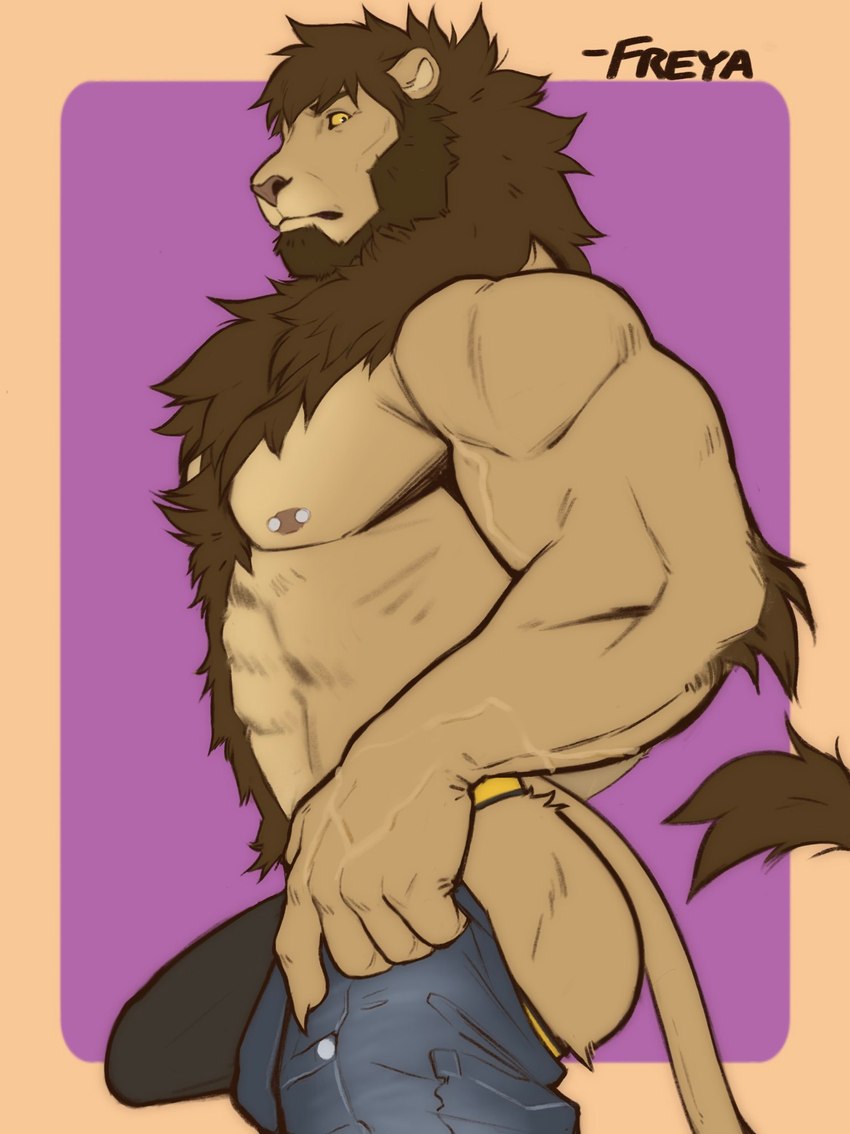 abs amber_eyes anthro arm_tuft beard biceps body_hair bottomwear bottomwear_down brown_body brown_fur brown_hair bulge butt chest_hair chest_tuft claws clothed clothing deltoids elbow_tuft erection facial_hair finger_claws fur hair happy_trail holding_bottomwear holding_clothing holding_object holding_pants jockstrap looking_at_viewer male mane mane_hair muscular muscular_anthro muscular_male nipple_piercing nipples open_bottomwear open_clothing open_pants pants pants_down partially_clothed pecs piercing pose side_view simple_background solo standing tail tail_tuft tan_body tan_fur topless triceps tuft underwear undressing vein veiny_muscles freyadraws tight_pants_(meme) felid lion mammal pantherine 2023 hi_res meme pinup portrait signature three-quarter_portrait