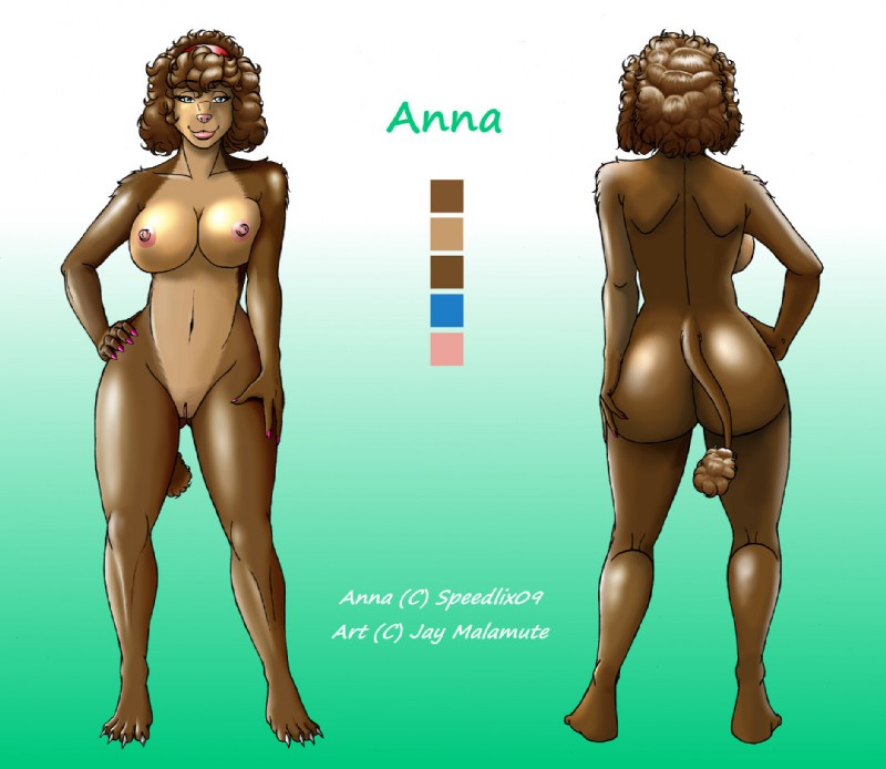 anthro breasts brown_body brown_skin curled_hair female genitals hair looking_at_viewer pussy smile solo wide_hips jay_malamute anna_(speedlix09) canid canine canis domestic_dog mammal poodle model_sheet